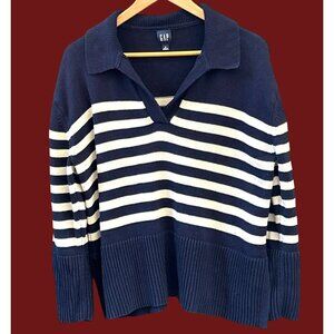 Gap Navy Blue Striped Collared Pullover Sweater Small Coastal Chic Resort Wear